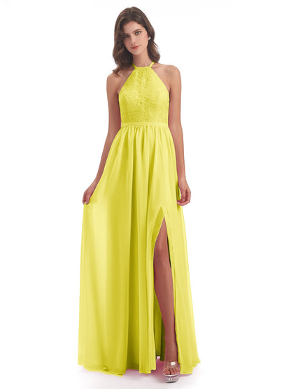 Harper A-line Halter Lace Long Bridesmaid Dresses