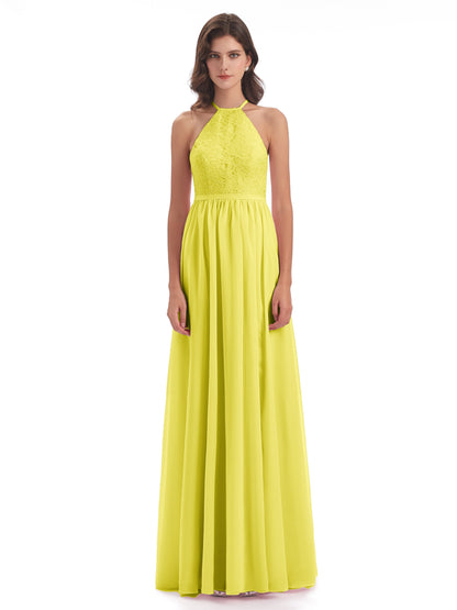 Harper A-line Halter Lace Long Bridesmaid Dresses
