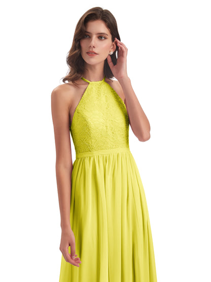 Harper A-line Halter Lace Long Bridesmaid Dresses