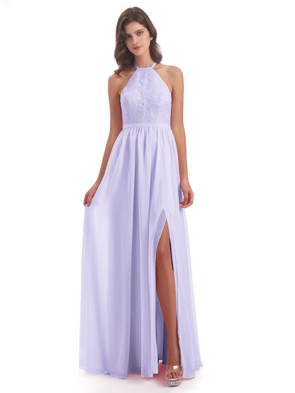 Harper A-line Halter Lace Long Bridesmaid Dresses