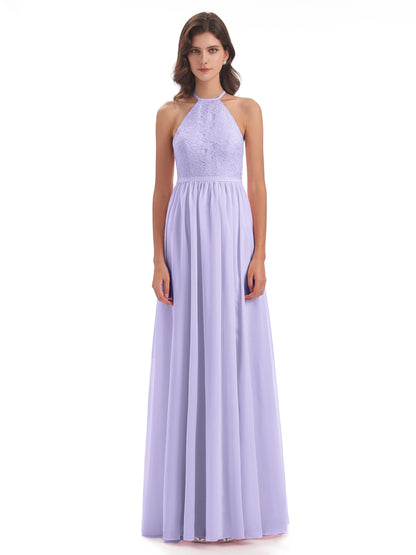 Harper A-line Halter Lace Long Bridesmaid Dresses