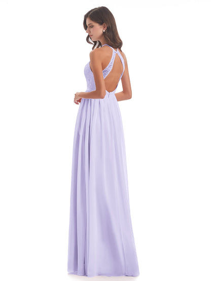 Harper A-line Halter Lace Long Bridesmaid Dresses