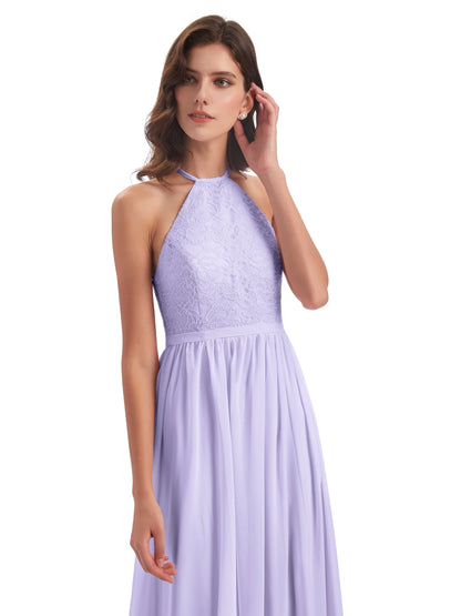Harper A-line Halter Lace Long Bridesmaid Dresses