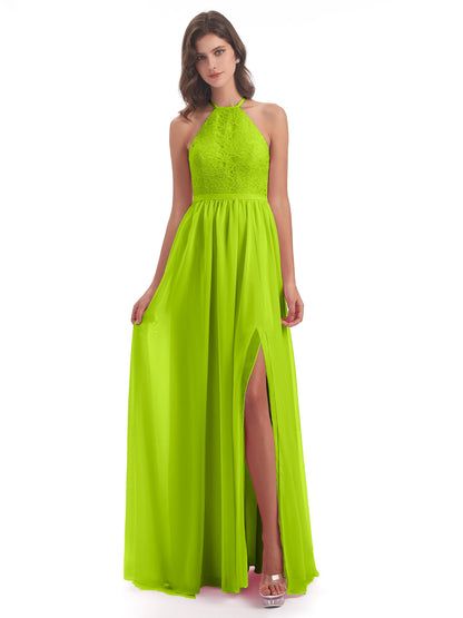 Harper A-line Halter Lace Long Bridesmaid Dresses