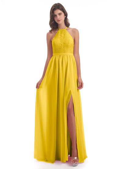 Harper A-line Halter Lace Long Bridesmaid Dresses