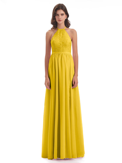 Harper A-line Halter Lace Long Bridesmaid Dresses