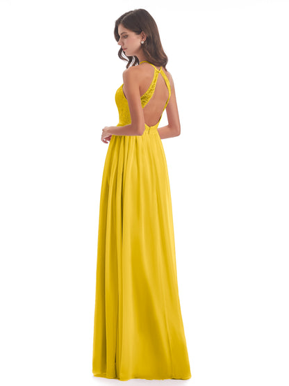 Harper A-line Halter Lace Long Bridesmaid Dresses