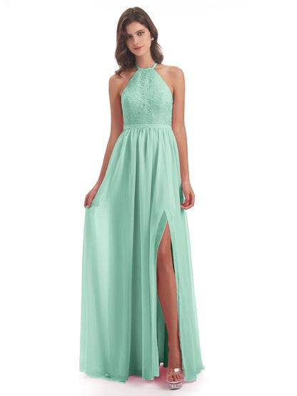 Harper A-line Halter Lace Long Bridesmaid Dresses