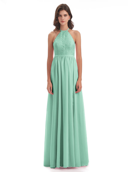 Harper A-line Halter Lace Long Bridesmaid Dresses