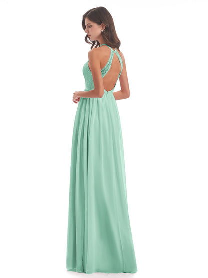 Harper A-line Halter Lace Long Bridesmaid Dresses