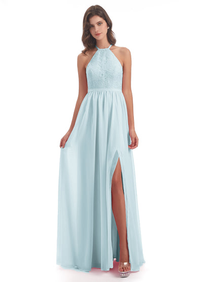 Harper A-line Halter Lace Long Bridesmaid Dresses