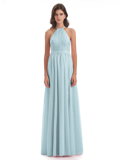 Harper A-line Halter Lace Long Bridesmaid Dresses