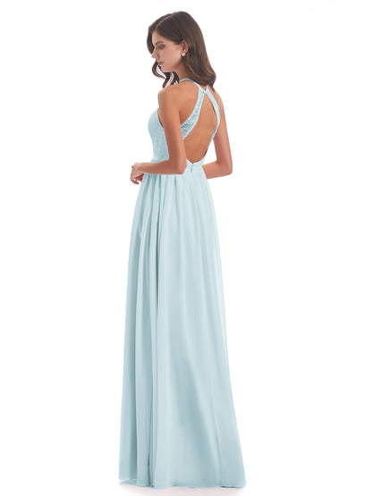 Harper A-line Halter Lace Long Bridesmaid Dresses