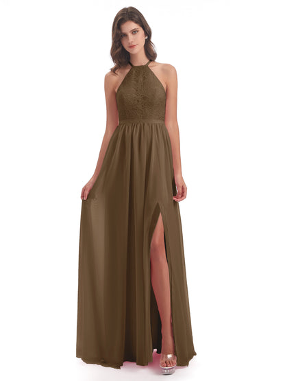 Harper A-line Halter Lace Long Bridesmaid Dresses