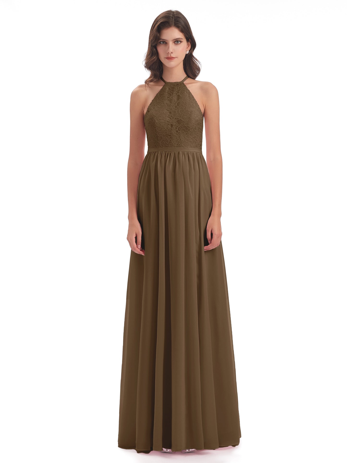 Harper A-line Halter Lace Long Bridesmaid Dresses