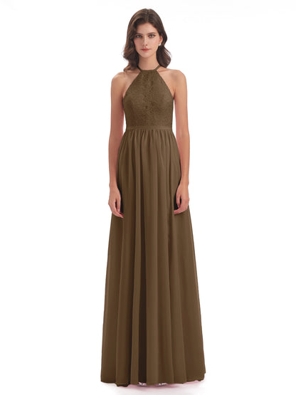 Harper A-line Halter Lace Long Bridesmaid Dresses