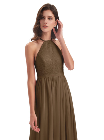 Harper A-line Halter Lace Long Bridesmaid Dresses