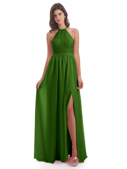 Harper A-line Halter Lace Long Bridesmaid Dresses