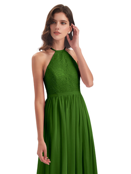 Harper A-line Halter Lace Long Bridesmaid Dresses