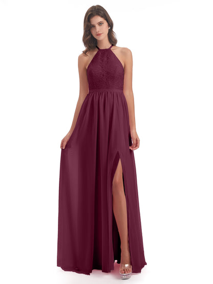 Harper A-line Halter Lace Long Bridesmaid Dresses