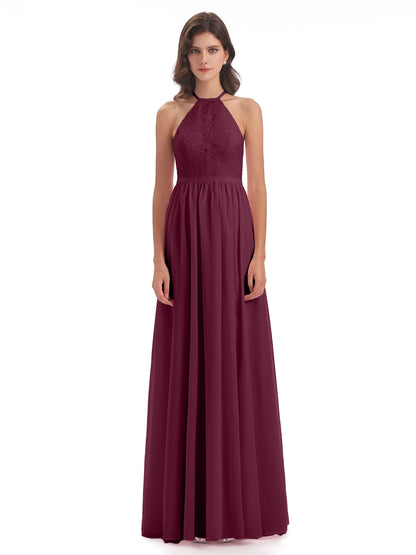 Harper A-line Halter Lace Long Bridesmaid Dresses
