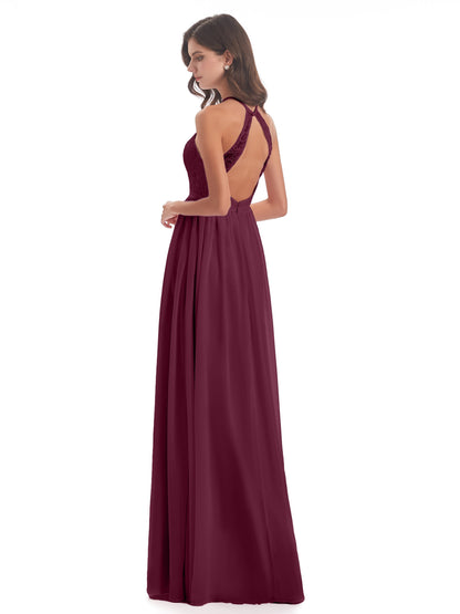 Harper A-line Halter Lace Long Bridesmaid Dresses