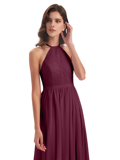 Harper A-line Halter Lace Long Bridesmaid Dresses