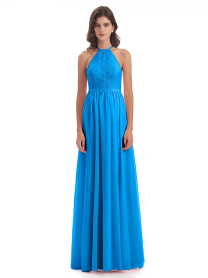 Harper A-line Halter Lace Long Bridesmaid Dresses