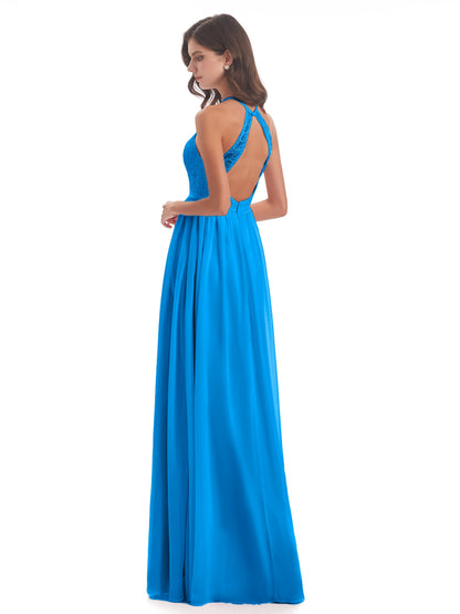Harper A-line Halter Lace Long Bridesmaid Dresses