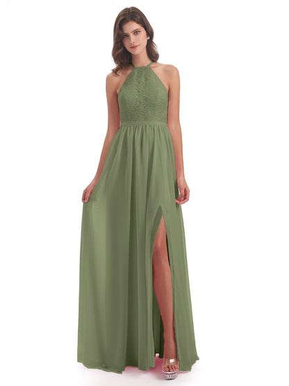 Harper A-line Halter Lace Long Bridesmaid Dresses