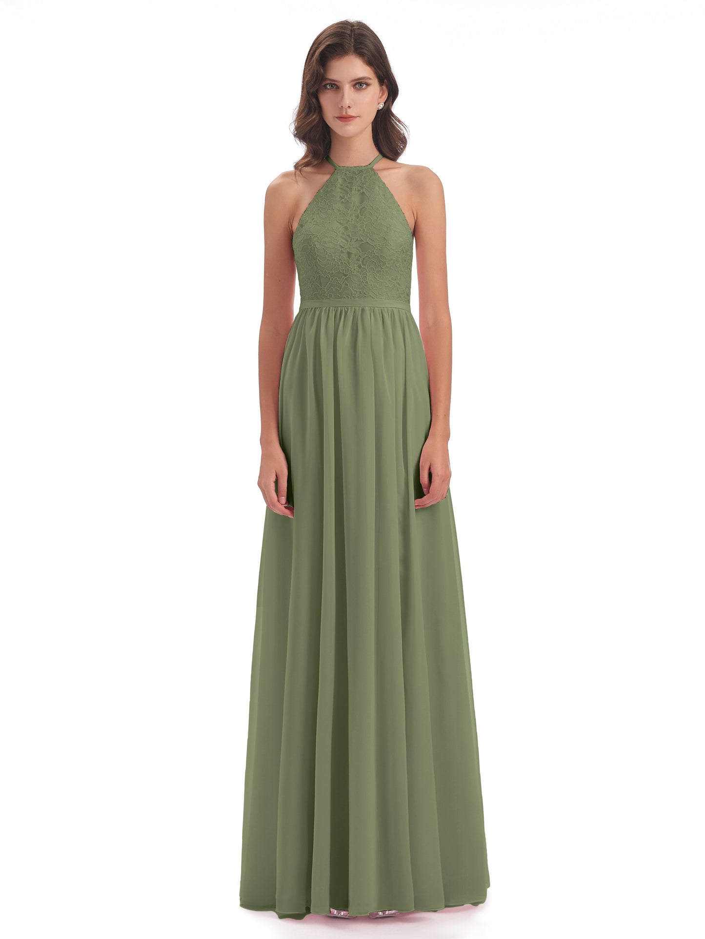 Harper A-line Halter Lace Long Bridesmaid Dresses