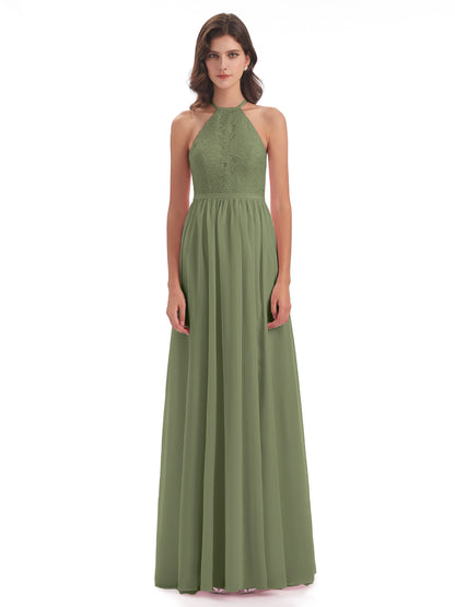 Harper A-line Halter Lace Long Bridesmaid Dresses