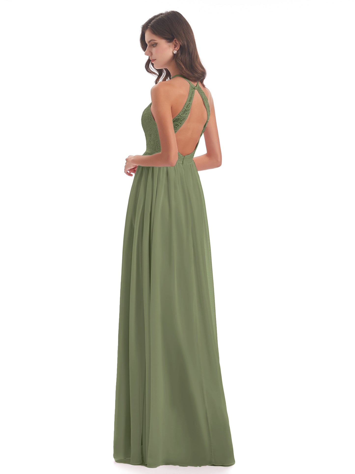 Harper A-line Halter Lace Long Bridesmaid Dresses