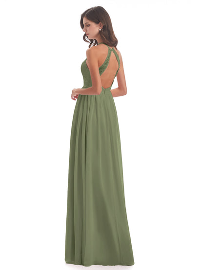Harper A-line Halter Lace Long Bridesmaid Dresses