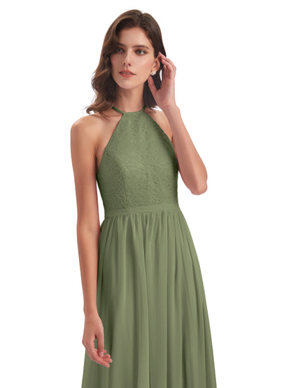 Harper A-line Halter Lace Long Bridesmaid Dresses