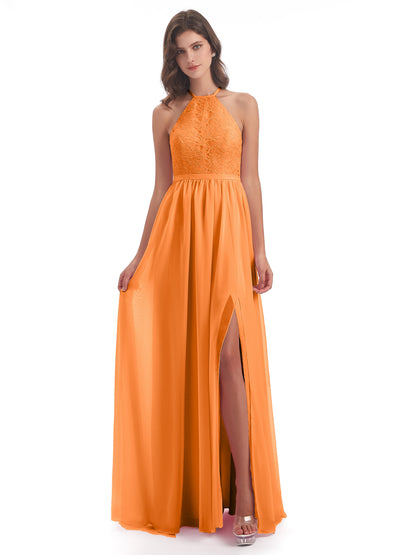 Harper A-line Halter Lace Long Bridesmaid Dresses