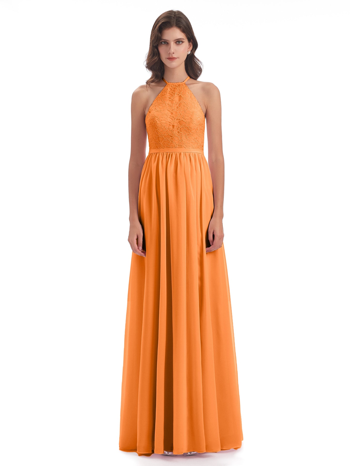 Harper A-line Halter Lace Long Bridesmaid Dresses