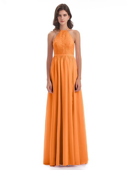 Harper A-line Halter Lace Long Bridesmaid Dresses