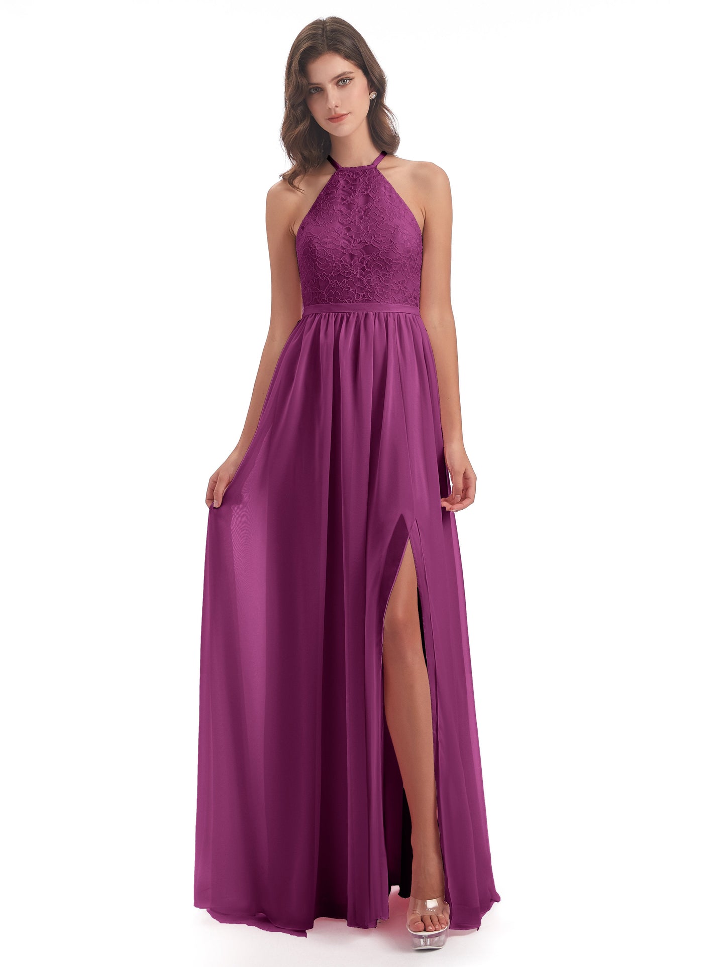 Harper A-line Halter Lace Long Bridesmaid Dresses