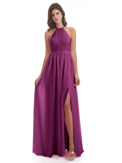 Harper A-line Halter Lace Long Bridesmaid Dresses