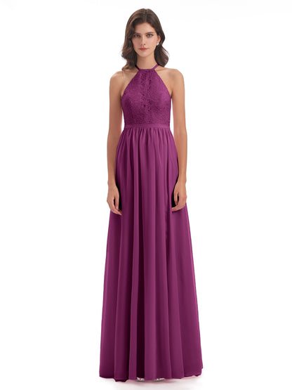 Harper A-line Halter Lace Long Bridesmaid Dresses