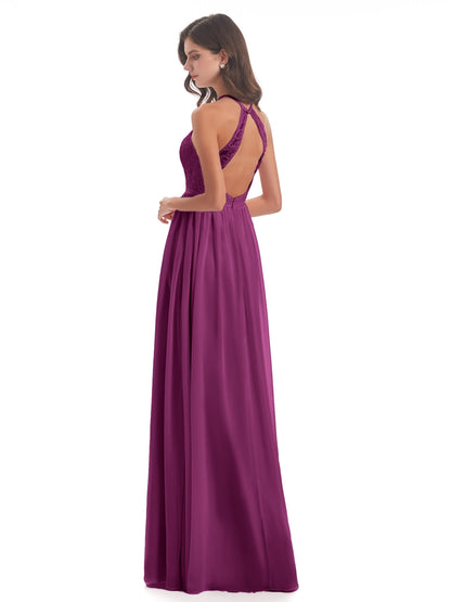 Harper A-line Halter Lace Long Bridesmaid Dresses