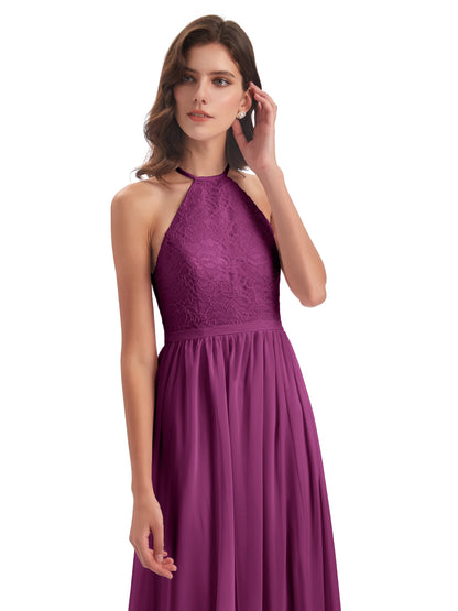 Harper A-line Halter Lace Long Bridesmaid Dresses
