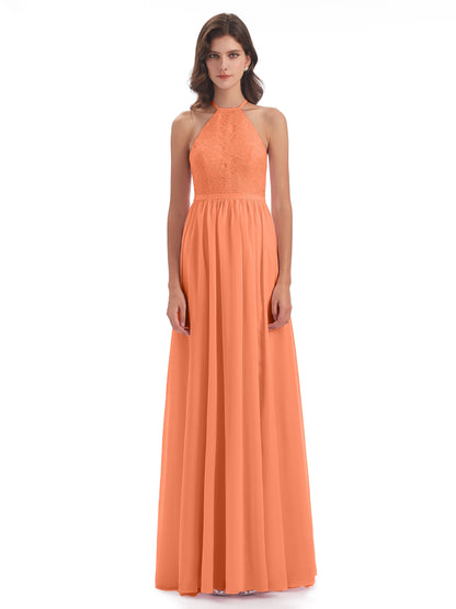 Harper A-line Halter Lace Long Bridesmaid Dresses