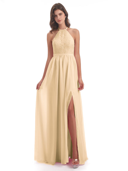 Harper A-line Halter Lace Long Bridesmaid Dresses