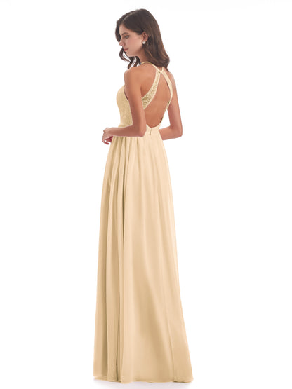 Harper A-line Halter Lace Long Bridesmaid Dresses