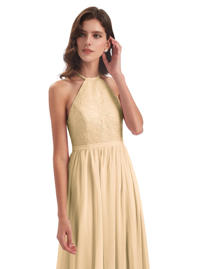 Harper A-line Halter Lace Long Bridesmaid Dresses