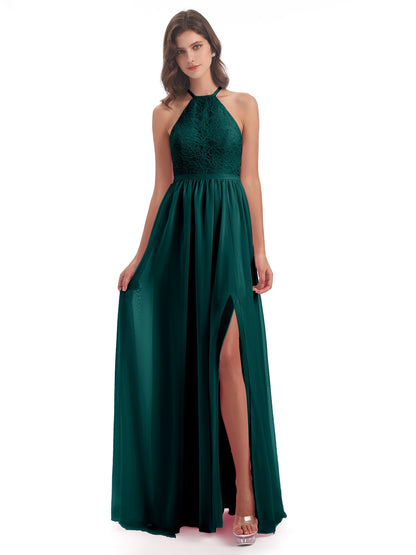 Harper A-line Halter Lace Long Bridesmaid Dresses