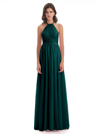 Harper A-line Halter Lace Long Bridesmaid Dresses