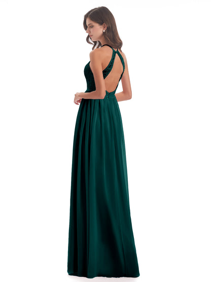 Harper A-line Halter Lace Long Bridesmaid Dresses